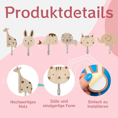 6 Garderobenhaken Kinder, Tierförmige Garderobenhaken aus Holz, Dekorative Haken für Kinderzimmer, Kindergarderobe mit Niedlichen Tierdesigns, Praktische Aufhänger für Kleidung und Accessoires