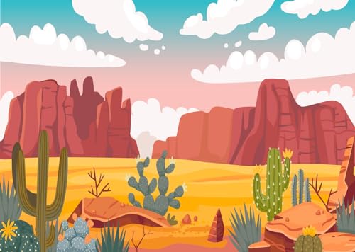 CORFOTO 7x5ft Fabric Cartoon Desert Backdrop Sandy Valley Desert Landscape Hot Climate Desert Rocks Cactus Background for Western Theme Party Baby Shower Birthday Decor Kids Portrait Photoshoot