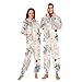 Poeticcity Couples Matching 1 PC Pajama, Unisex Soft Fleece Zip Up Hooded Pjs Jumpsuit Sleepwear Playsuit Lounge-wear(XXL) Retro Pink Flamingo, Palm Leaves, White Hibiscus Flowers on Beige