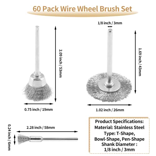 Image of 60 Pack Wire Wheel Brush Set, 1 /8 Inch Shank Stainless Steel Brush Kit Rotary Buffing Brush Wheel, Rust Removal Tool Set, Wire Pen Brush + Bowl-Shape Brushes + T-Shape Brushes