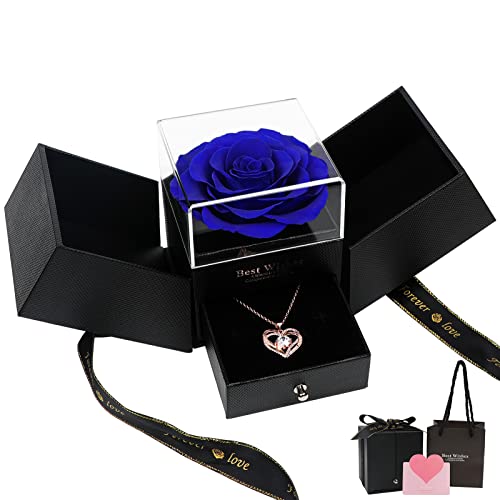 WELTRXE Rose Préservée avec Coffret à Bijoux, Collier de Cœur et Carte de Vœux, Fleur Eternelle pour Amoureux, Femme, Anniversaire, Saint-Valentin, Fête des Mères, Bleu Roi Cover