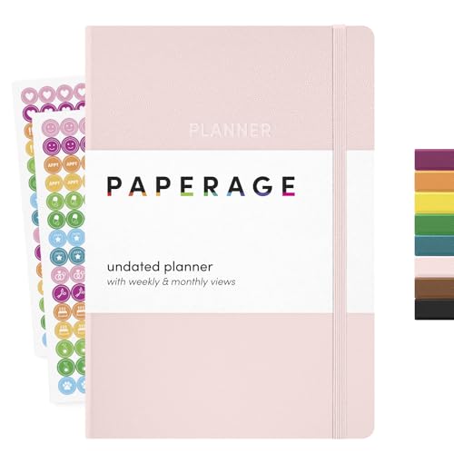 PAPERAGE Undated Weekly & Monthly Hardcover Planner (Blush) 5.6 in x 8 in Includes Lined Note Pages & 2 Sticker Sheets