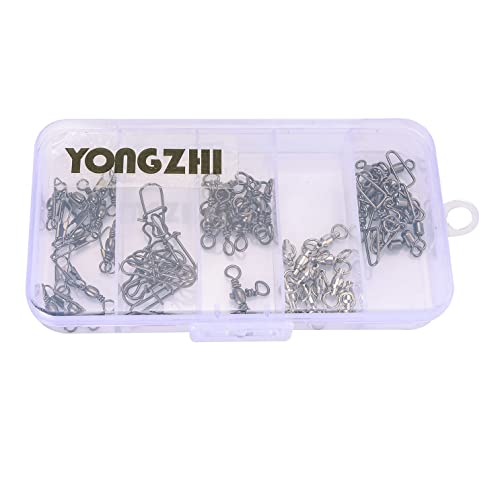 Yongzhi 50Pcs Stainless Steel Fishing Swivels Accessories & Duo Lock Snaps Barrel Swivel Fishing Line Connector High Strength 20Lb To 65Lb For Connect Fishing Lures With Portable Travel Box #TOP6