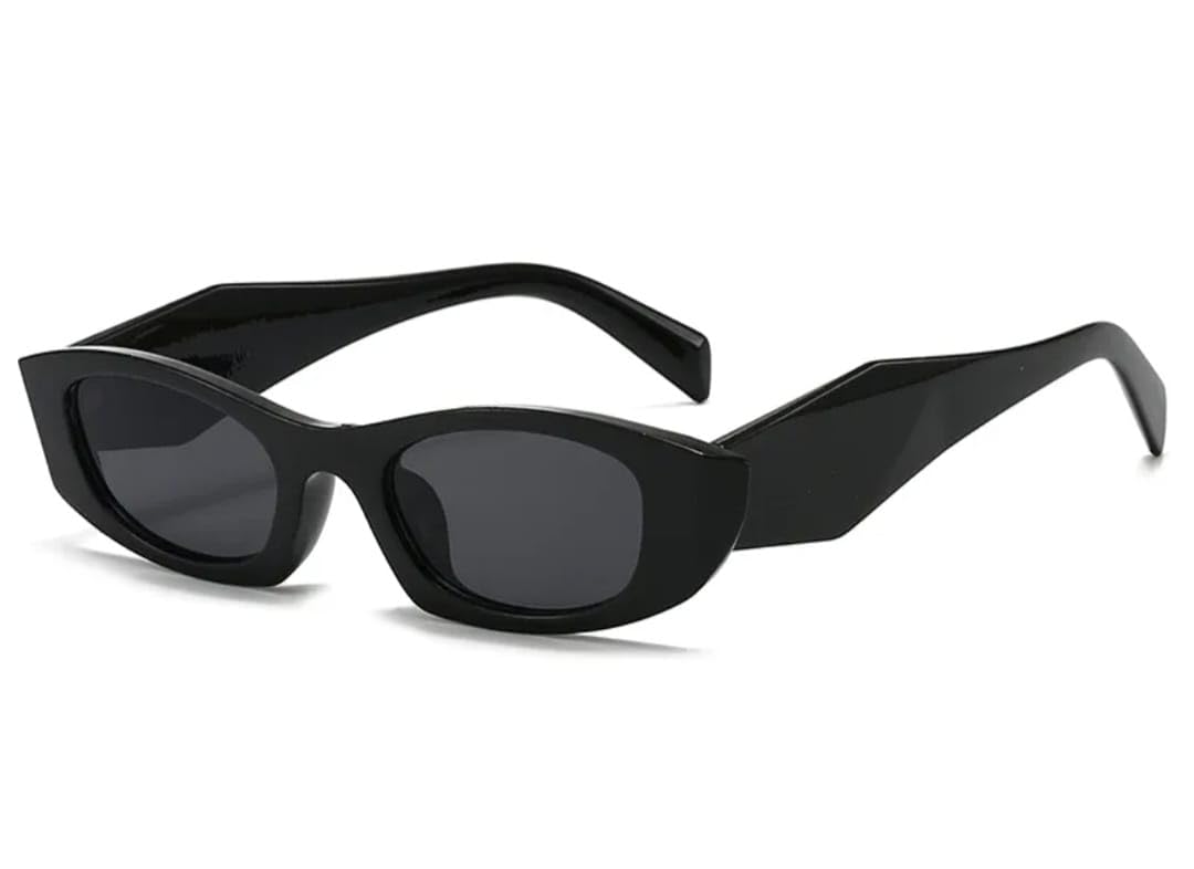 Rectangular Cat Eye Sunglasses, Black Frame, Dark Grey Lenses, Narrow Retro Style-image-1