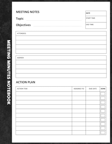 Meeting Minutes Notebook: Note Taking Book for Work with Action Items, Attendees, Notes and Calendar – 8.5 x 11 Journal Logbook to Record Business Meetings Minutes