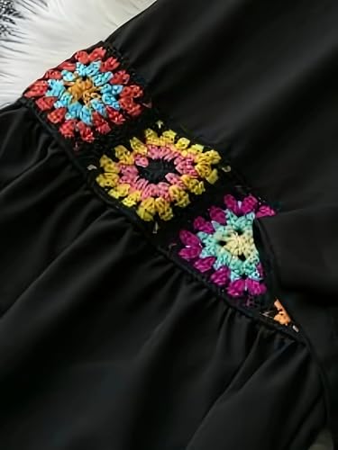 Women's Bohemian Wide-Leg Pants, Black Polyester, Straight Cut, Colorful Embroidered Applique Detail2