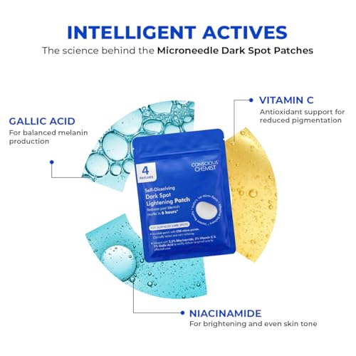 Image of Conscious Chemist Self Dissolving Dark Spot Lightening Microneedle Patches (Pack of 12 Patches) | Painless & Effective Patch with Niacinamide, Gallic Acid & Vitamin C | Fades Dark Spots, Evens Skin Tone & Boosts Radiance | Visible Results in 6 Hours