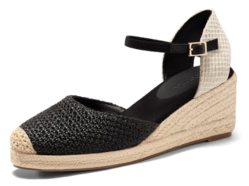 Coutgo Womens Platform Wedge Sandals Espadrilles Raffia Closed Toe Heels Ankle Buckle Strap Summer Beach Shoes