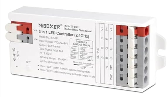 MiBOXER E3-RF 3-in-1 LED Strip Controller 2.4GHz, RGB/RGBW/RGB+CCT Auto-Detect, Tool-Free Wiring, App Control via Gateway, DC 12V-24V, Compatible with Mi-Light 2.4G Remotes