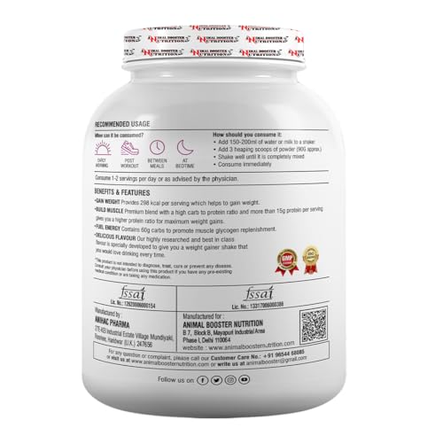 Image of Animal Booster Nutrition WEIGHT GAINER | 15gms of Protein in 90gm of Serving| For Gain Weight, Build Muscle & Fuel Energy - Chocolate (33Servings /3KG)