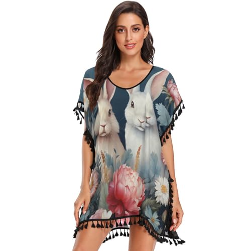 KAAVIYO Cute Rabbite Flower Women's Beach Cover Up Chiffon Tassel Swimwear Swimsuit Coverups for Girl