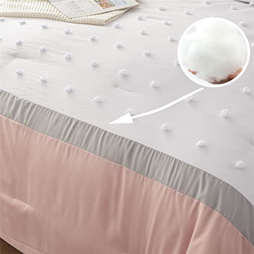Kakki Tufted Pom Pom Comforter Set Twin Size For Girls Kids Teen, Peach Blush/Grey And White Patchwork Striped Jacquard Comforter, 2Pc Soft Microfiber Textured Bedding Set For All Season(Blush,Twin) #TOP4