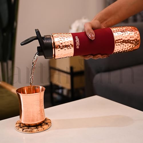 Image of Artarium Red Sipper Pure Copper Bottle 1 Litre Advanced Leak Proof Protection Durable & Rust Proof Copper Bottle With Added Health Benefits Anti Oxidant Properties (Sipper Water Bottle Red 29Cm)