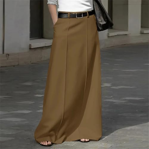 Women Maxi Skirts Solid Color Pleated Pocket High Waist Skirt3