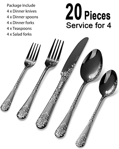 Fivent Floral Damask Rose Black Cutlery Set - 20 Pcs - Includes 8 X Spoons, 8 X Forks, 4 X Knife - Stainless Steel, Dishwasher Safe, Mirror Polished Tableware - Durable Flatware - Home Kitchen #TOP3