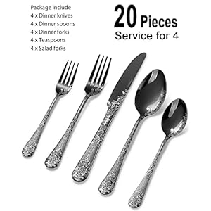 Floral Damask Rose Black Cutlery Set - 20 pcs - Includes 8 x Spoons, 8 x Forks, 4 x Knife - Stainless Steel, Dishwasher Safe, Mirror Polished Tableware - Durable Flatware - Home Kitchen Floral Damask Rose Black Cutlery Set 20 pcs Includes 8 x Spoons 8 x Forks 4 x Knife Stainless Steel Dishwasher Safe Mirror Polished Tableware Durable Flatware Home Kitchen