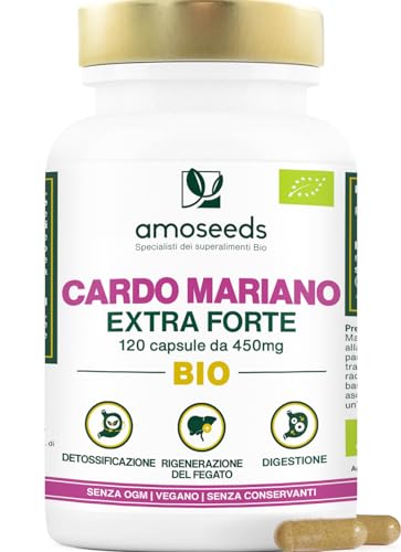 Cardo Mariano BIO | Extra Forte 1350mg / giorno, integratore con Silimarina | 120 capsule da 450mg | Disintossicazione del fegato, Depurazione, Digest