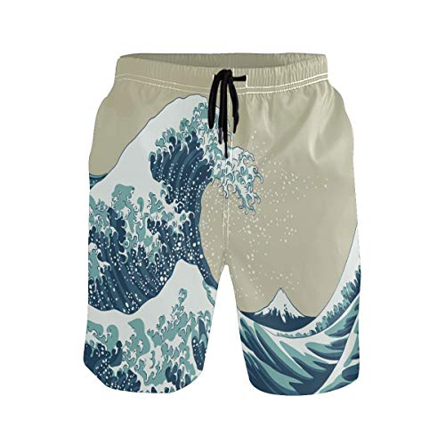 Vikko Japanese Blue Waves Mens Short Swim Trunk Quick Dry Beach Swimwear Short with Pockets