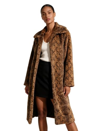 Amazhiyu Langer Kunstfellmantel für Damen, Winter-Revers, offene Vordertasche, braun, XL