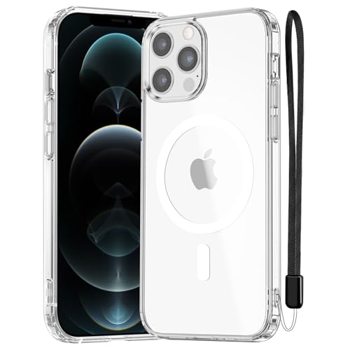 NEWC Magnetisch Hülle für iPhone 12 12 Pro (6 1 Zoll) kompatibel mit MagSafe Ultimate stoßfest-starker Magnetismus und militärischer Schutz-schlanke Hülle mit Umhängeband-Transparent