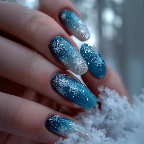 Christmas Press on Nails Medium Square Snowflake Fake Nails Blue ...