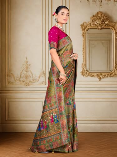 Image of Glory Sarees Women's Luxurious Dola Pure Silk Original Saree Position Print Work Madhubani Inspired Motifs Banarasi Kanjivaram Style Saree With Blouse Piece (Elegant101 Parent)