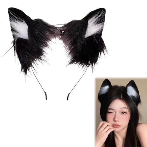 Faux Fur Cat Ears Headband Black Cat Ears Soft Moving Cat Ear Headband Comfortable Materials Adjustable Cute Headbands For Adults Kids Furry Ear Head Accessories For Festival & Party (Black White)