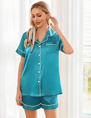 Image of Ekouaer Womens Silk Satin Pajama Sets Soft Short Sleeve Button Down Sleepwear Top and Shorts 2 Piece Pjs Lounge Set