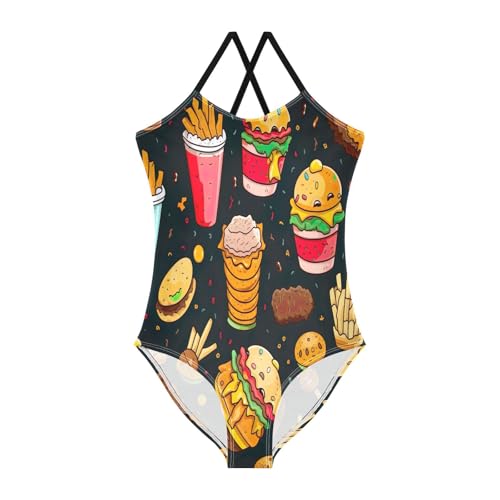Colorful Fast Food Hamburgers Toddler One Piece Swimsuit Girl, Girls Athletic Swimsuit, Beach Bathing Suits Girls