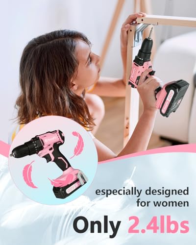 Yougfin Cordless Drill Set, 20V Power Drill Driver With Battery Charger and Carrying Case, 25+1 Torque Electric Drill, Variable Speed, 266 In-lb, 3/8'' Keyless Chuck, 34pcs Driver Bit, Belt Hook/Pink thumbnail 6