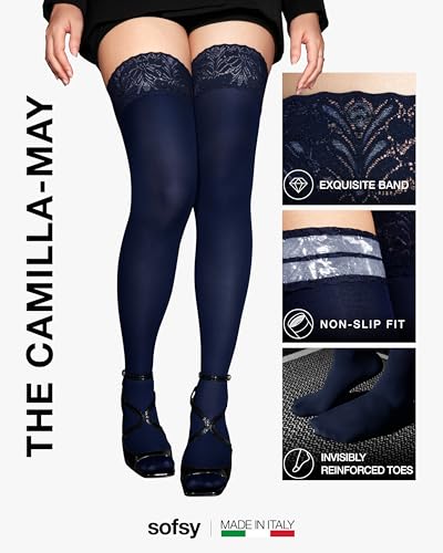 Image of sofsy 100% OEKO-TEX Certified - Italian Women's Opaque Thigh High Stockings | Ultra Soft Dual Silicone Lace Top Stay Ups