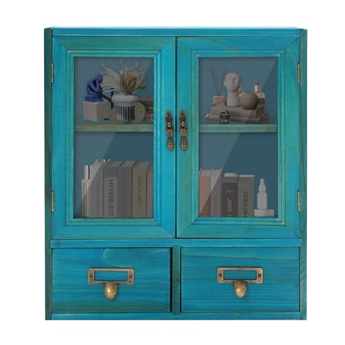 MaegnzEay 2 Tier Apothecary Cabinet with 2 Drawers, Storage Cabinet with Glass Doors Double Door Wooden Desk Top Organizer Cabinets for Living Room, Study (Blue)