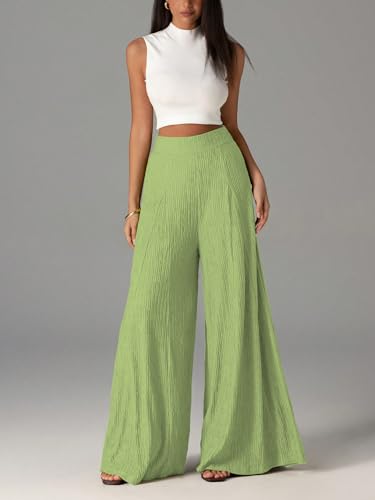 Image of Shasmi Women's Elegant High Waist Wide Leg Pants - Textured Solid Color Loose Fit Long Trousers | Casual Beach & Airport Outfit | Lightweight Flowy Palazzo Style (Trouser 259)
