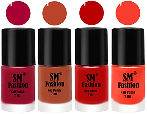 Image of Nail Polish Combo Set (Pack of 4) Quick Dry Gel Finish Nail Paint | Dark Magenta,Light Coral,Red,Light Orange | 7 ml Each