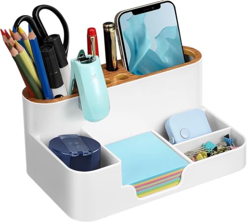 Image of FreshDcart Office Desk Organizer - Multifunctional 6-Compartment Mobile Pen Stand, Remote stand Perfect for Study Pens, Staplers, Clips, Sticky Notes - Mobile Holder for Table Office (White Pack of 1)