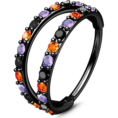 OUFER Halloween Nose Rings, 316L Surgical Steel 20G Double Hoop Nose Rings for Women with Black Orange Purple CZ, Hinged Segment Clicker Helix Cartilage Conch Rook Daith Piercing Jewelry-6/7