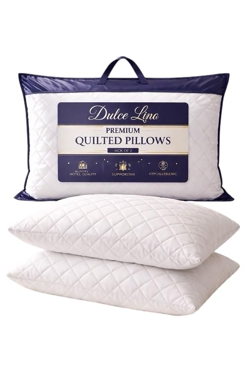 Dulce Lino Quilted Hotel-Quality Pillows – Soft & Supportive, Breathable Microfiber, Hypoallergenic Back, Front and Side Sleepers – Soft & Breathable Size 45cm x 66cm. (Pack of 2)