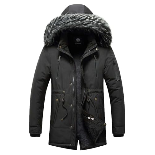 Generisch Winterjacke Herren Lang Winddicht Outdoor Fleece Gefütterte Wintermantel Warm Parka Jacke mit Fellkapuze Große Größen Lange Steppjacke Männer Winterparka Pufferjacke Kältebeständig (A,6XL)