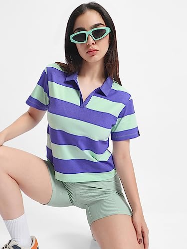 Image of Bewakoof Women's 100% Cotton Striped Regular Fit Half Sleeve Polo T-Shirt | Cotton Tshirt for Woman | Casual wear | Streetwear