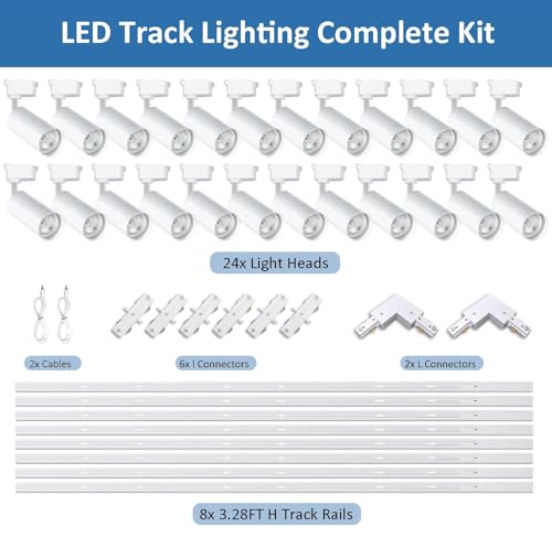 Image of 24 Pack White H Type LED Track Lighting Kit 6000K | Dimmable LED Spotlight 20W 2700lm High Brightness 26.21ft Track Rail Adjustable Angle Complete Lighting System