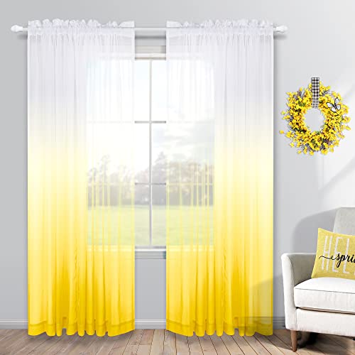 KOUFALL Spring Yellow Sheer Curtains 84 Inches Long, Bright Yellow