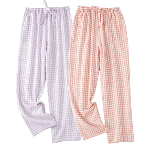 Image of STMAHER 2 Pack Women's Cotton Pajama Bottoms Lightweight Sleep & Lounge Pants Plaid Sleepwear Long Pj Pants