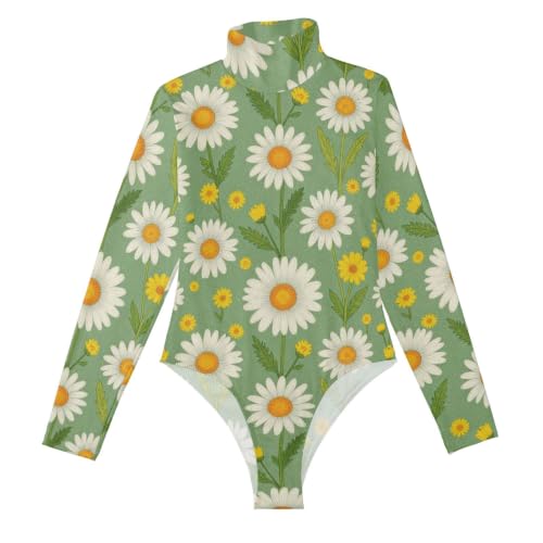 Body de manga larga para mujer GuoChe verde salvia con margaritas retro talla M
