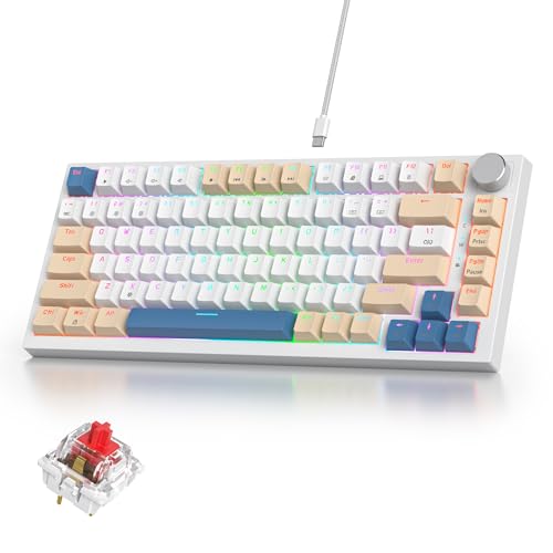 iRoboosta 75% Mechanical Keyboard with Volumn Knob, Gasket Hot Swappable RGB Gaming Keyboard, Wired Custom Keyboard with Red Switch, 82 Keys Compact Creamy Keyboard (82 Creamy White)
