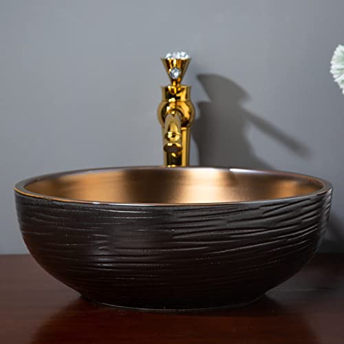 Bathroom Vessel Sink Bowl Black Outside Gold Inside Porcelain Vanity Wash Basin With Faucet And Drain Combo #TOP1