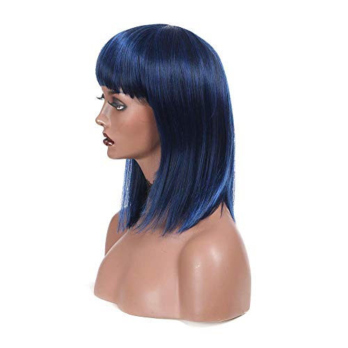 Short Straight Bob Wigs with Bangs Synthetic 1B/Blue Straight Wigs for Cosplay Wig or Daily Party Use