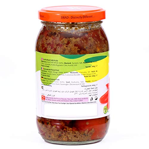 Image of SWAD Bharwa Lal Mirch Pickle 400g | Stuffed Red Chilli Achar | Authentic Gujarati Taste | Spicy Traditional Indian Condiment | Homemade Style Recipe | Ready to Serve