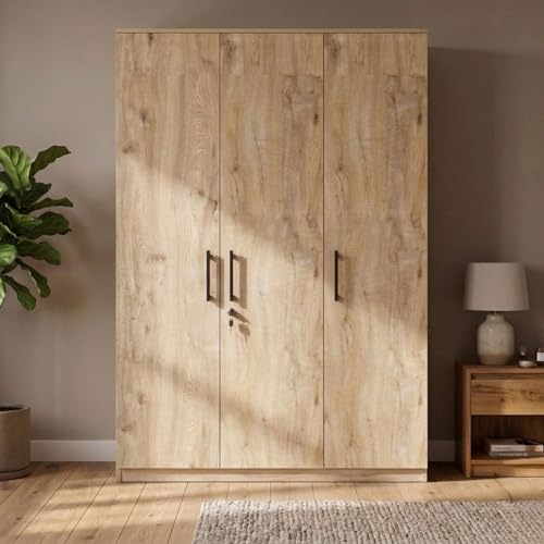 Image of FFO Kavisto 3 Door Wardrobe Wooden for Bedroom with Shelves, Hanging Space & Lock, Wooden Clothes Organizer Almirah for Home, Office & Kids Room Milok DIY.