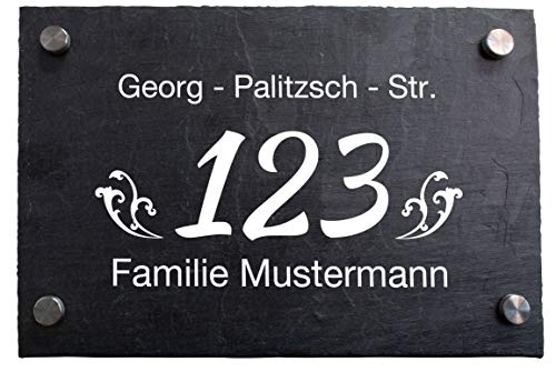 wandmotiv24 Personalisierte Hausnummer Hausnummernschild aus Naturstein Schiefer, auf Schiefertafel, mit individueller Beschriftung Hausnummer, Familienname, Straße M0050