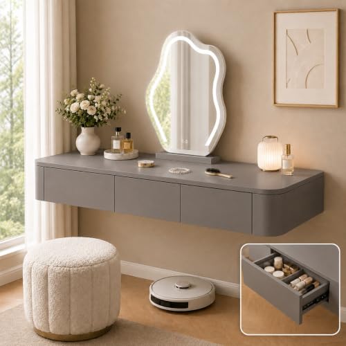 Floating Makeup Vanity Desk, Wall Mount Dressing Table with Storage Drawers